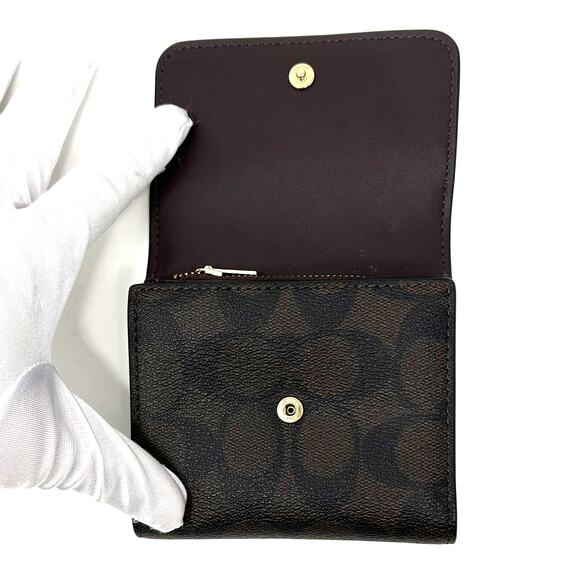 Coach Small Trifold Wallet In Blocked Signature Canvas Brown Black Leather CE930 - Picture 4 of 6